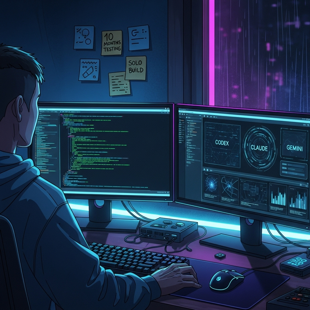 Developer juggling AI tools across monitors