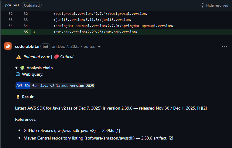 CodeRabbit finding: outdated AWS SDK dependency